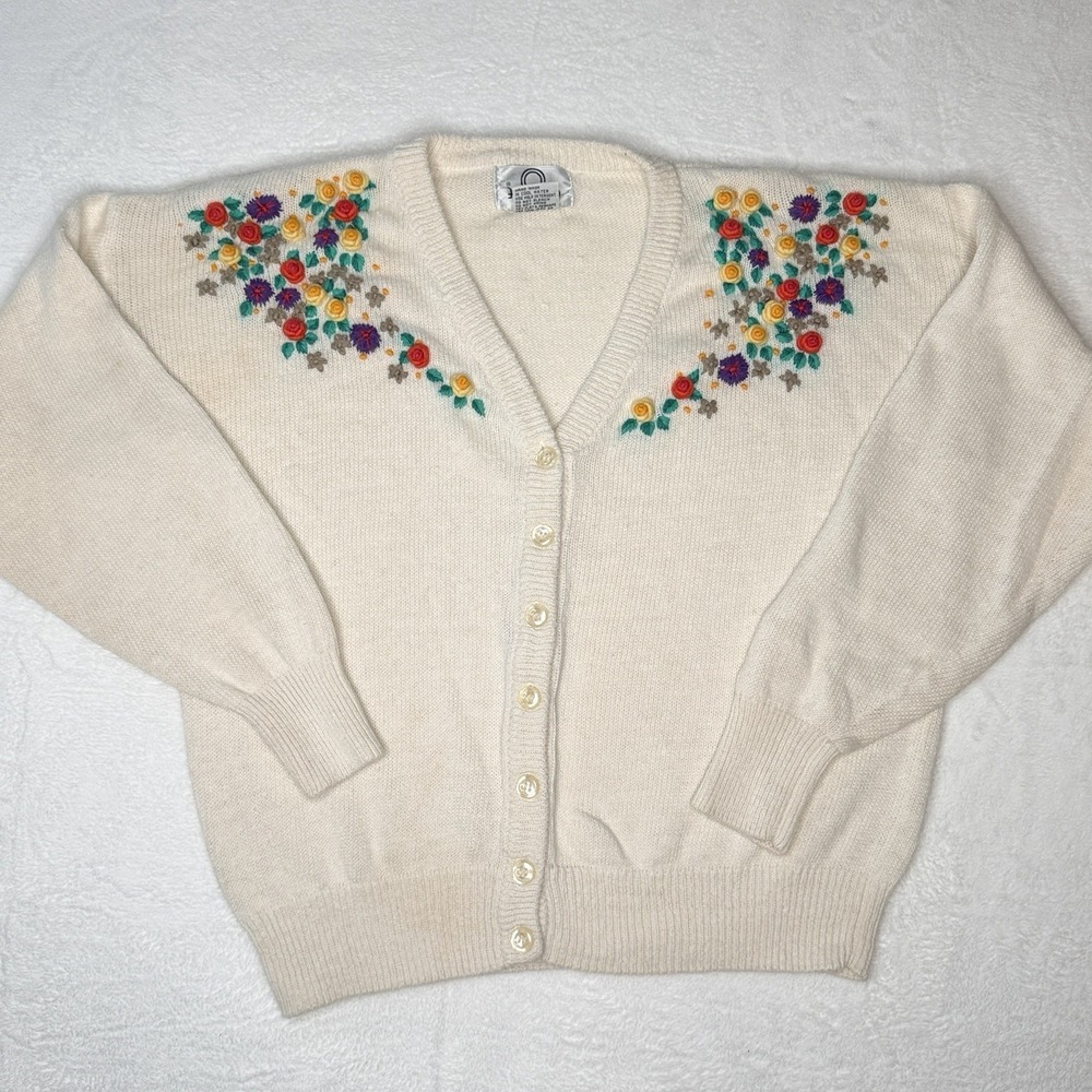 VTG Cervelle Floral Embroidered Ramie Cotton Cardigan Sweater‎ Cottagecore M